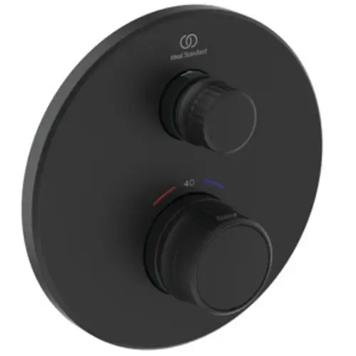 Schwarzer runder Brausethermostat mit zwei Reglern zur Temperatur- und Durchflusssteuerung. Marke Ideal Standard, schlichtes Design.